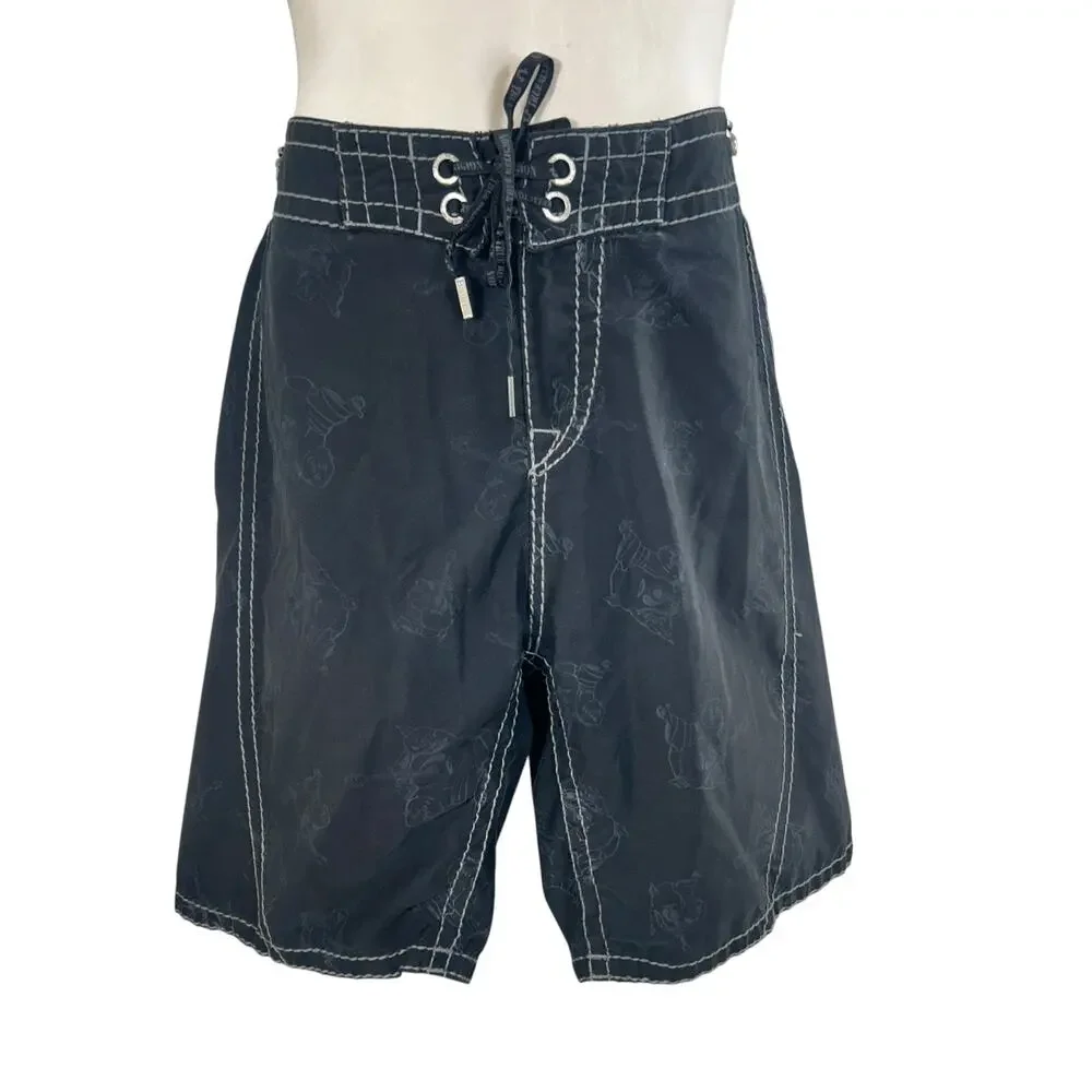 True Religion Buddha Print Board Shorts Men’s 32 Black Surf Swim Trunks Y2K